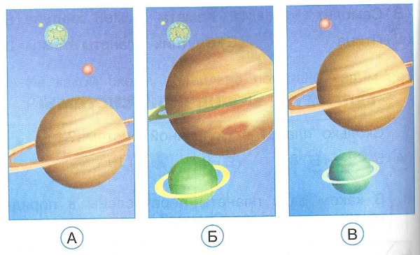 На каком рисунке изображены Земля с Луной, Марс и Сатурн?